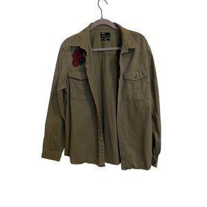 PUBLIC OPINION SHACKET SIZE LARGE ROSE PATCHES EMBROIDERED OLIVE GREEN UTILITY
